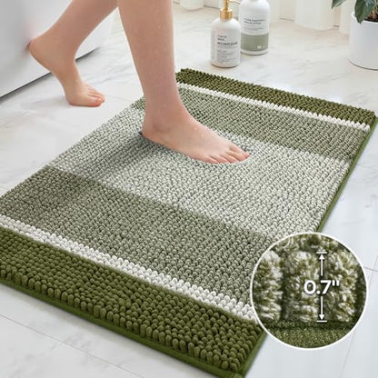 HOMEIDEAS Sage Green Bathroom Rugs Set, Striped Chenille, 20"x32"+17"x24"