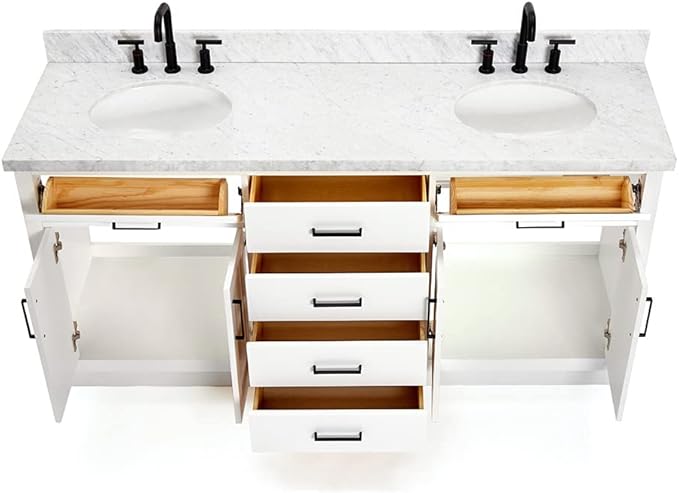 ARIEL Hepburn 72-inch Bathroom Vanity with Sink,Solid Wood, 1.5-inch Italian Carrara Marble Countertop & Backsplash, Double Oval Porcelain Sink, 4 Soft Closing Doors, 6 Dovetail Drawers, White