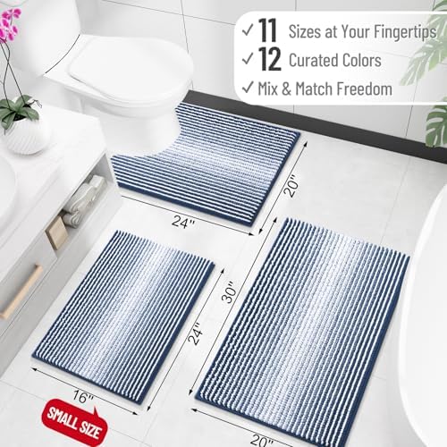 OLANLY Bathroom Runner Rugs 59x20, Soft Chenille Striped Bath Rugs, Navy
