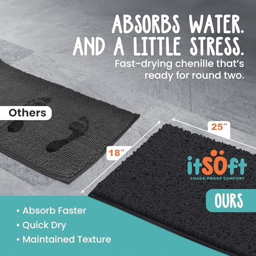 ITSOFT Small Plush Bathroom Rug 25"x18", Absorbent Machine Washable Non Slip Chenille Bath Mats, Quick Dry Bathmat, Bath Rugs for Bath, Shower, Bedroom, or Door Mat, Black