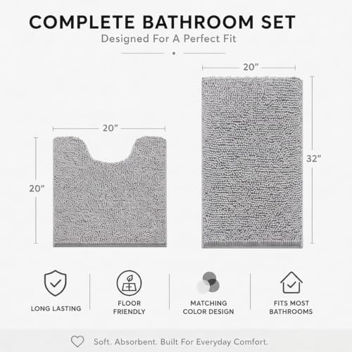 Bathroom Rugs Sets 2 Piece,Super Absorbent Soft,Thick,Machine Washable Chenille Bath Mat,Non Slip Toilet Floor Rug,Bath Mats for Bathroom,20x32 Plus 20x20 U Shape,Light Grey