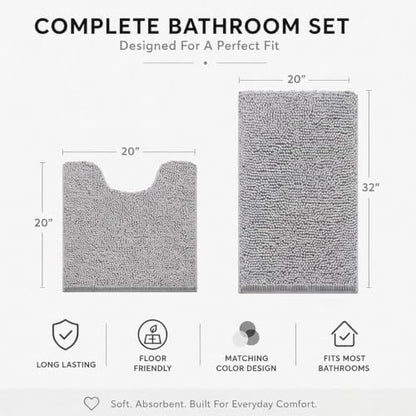 Bathroom Rugs Sets 2 Piece,Super Absorbent Soft,Thick,Machine Washable Chenille Bath Mat,Non Slip Toilet Floor Rug,Bath Mats for Bathroom,20x32 Plus 20x20 U Shape,Light Grey