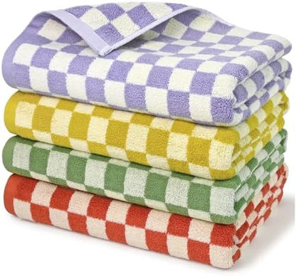 Checkered Bath Towels Set of 4 - Cotton Towels for Bathroom, Beach, Pool