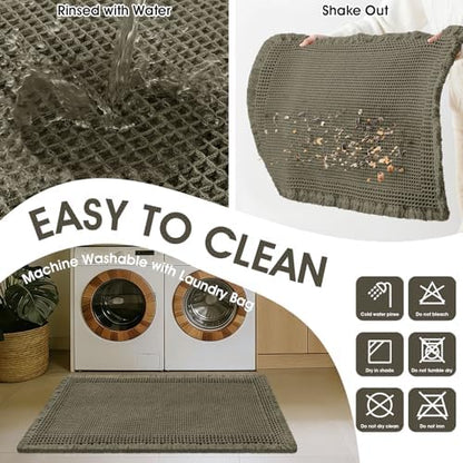 Upgraded Waffle Bath Mat Set 2 Piece Greyish Green-Bordered, Super Absorbent Non-Slip Quick Dry Bathroom Rugs with Tassels, Machine Washable Ultra Soft Boho Bath Rugs, Toilet Mats Boho Farmhouse Decor