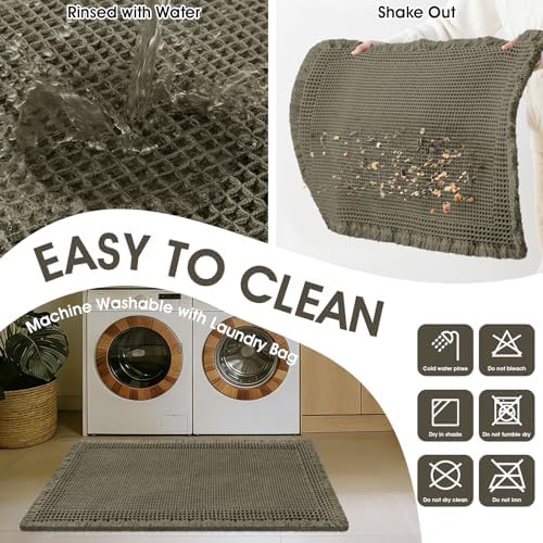 Upgraded Waffle Bath Mat, 36"x24" Greyish Green-Bordered, Super Absorbent Non-Slip Quick Dry Bathroom Rugs with Tassels, Machine Washable Ultra Soft Boho Bath Rugs, Toilet Mats Boho Farmhouse Decor