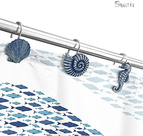 Sunlit Seashells Decorative Shower Curtain Hooks, Blue Ocean Creatures Coastal Shower Curtain Rings, Resin, Nautical Bathroom Decoration Beach Shower Curtain Hooks-12 Pack