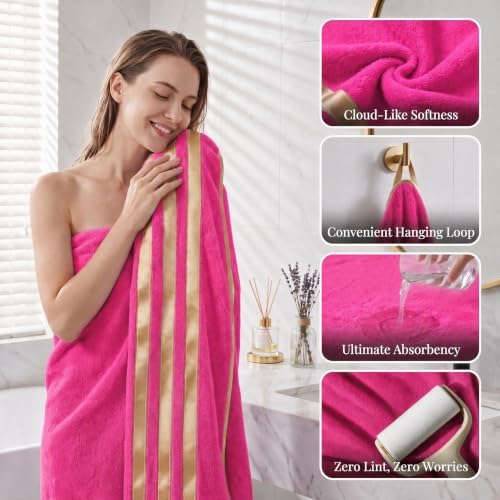 6-PCS Coral Fleece Microfiber Towel Set with Gold Stripes, Super Absorbent, Multiple Colors Available for Home, Bathroom, Hotel & Gym (6, Rose red)