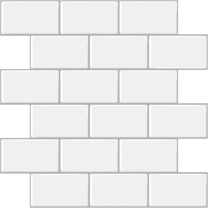 Peel and Stick Backsplash for Kitchen, White | 10 pack self‑adhesive tiles for backsplash, bathroom, or accent wall. Easy DIY install and wipeable. Covers approx. 10 sq ft.