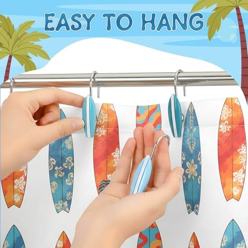 Amyhill 12 Pcs Surfboard Shower Curtain Hooks Decorative Shower Curtain Rings Stainless Steel Resin Sea Theme Bathroom Decor Suitable for Home Bedroom
