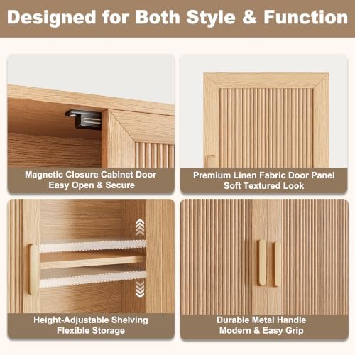 INNOD Bathroom Storage Cabinet with Towel Bar, Over the Toilet Storage Shelf, Medicine Cabinet with Adjustable Wood Shelf & Doors for Laundry Room & Kitchen & Living Room (Natural Oak)