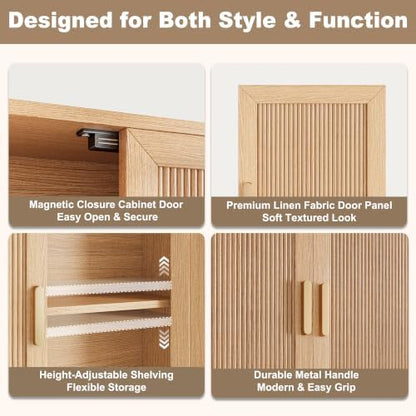 INNOD Bathroom Storage Cabinet with Towel Bar, Over the Toilet Storage Shelf, Medicine Cabinet with Adjustable Wood Shelf & Doors for Laundry Room & Kitchen & Living Room (Natural Oak)
