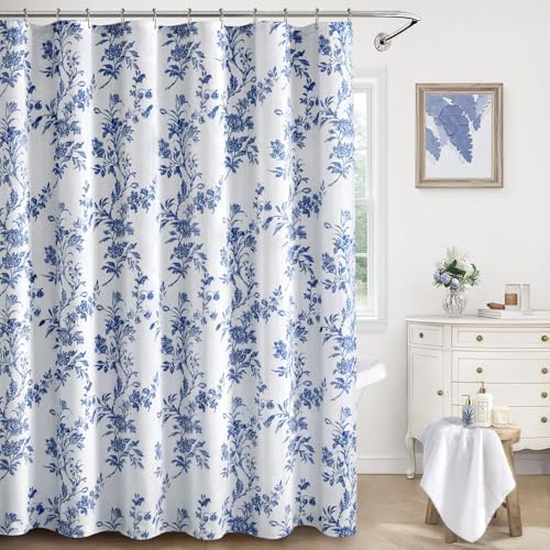 Blue Floral Shower Curtain,Vintage Cotton Cottagecore Shower Curtains for Bathroom, 72" W x 72" L