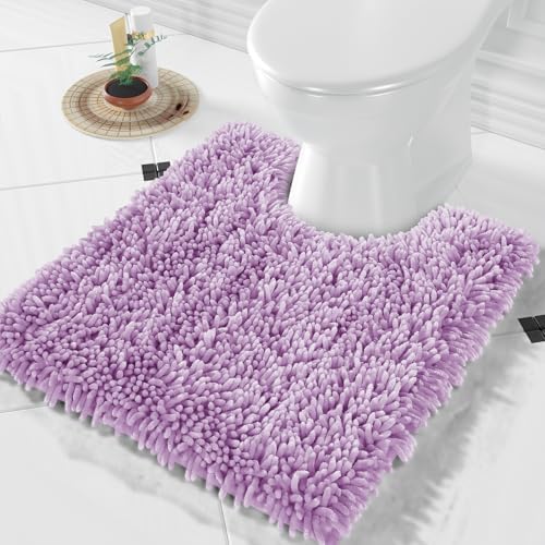 Yimobra Toilet Rugs U Shaped Washable, Extra Thick Soft Absorbent Chenille Contour Bathroom Rugs for Toilet 24x20 Inch, Quick Dry Non Slip Toilet Mat for Bath Floor, Lilac
