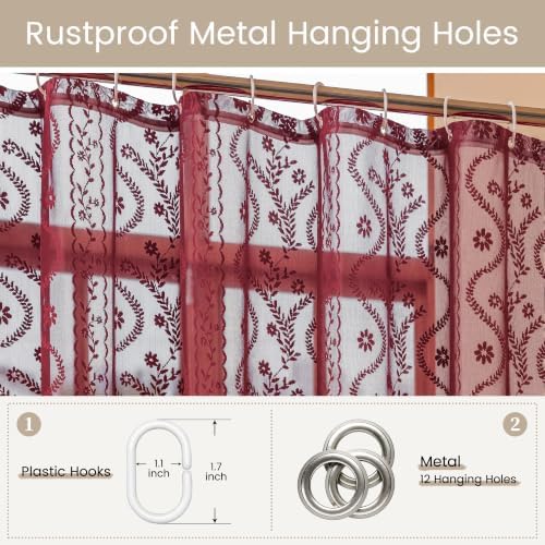 WAZZIO Burgundy Red Lace Shower Curtain for Bathroom 72" W x 72" L, Victorian Farmhouse Floral Pattern Tassel Fancy Shower Curtain Boho Washable Cloth Decorative Bath Curtains,1 Panel