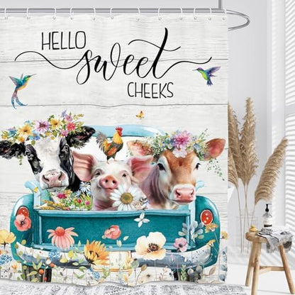 Funny Farmhouse Rustic Animal Shower Curtain 60Wx72L Inch Cow Pig Farm Teal Truck Flower Country Western Bathroom Set Accessories Decor with 12 Pack Hooks