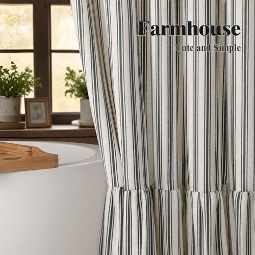 Farmhouse Shower Curtain Ruffle Linen Cream-Black Stripe 48"W x 72"L