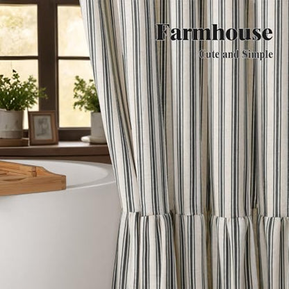 Farmhouse Shower Curtain Ruffle Linen Cream-Black Stripe 48"W x 72"L