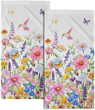 Spring Hand Towels Set of 2, Wildflowers Floral Butterfly Decorative Bathroom Towel 28x14 Inch, Soft Absorbent Microfiber Wash Cloth for Kitchen Gym Hotel Home Decor