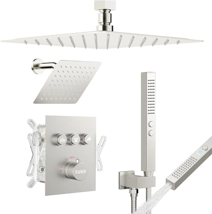 Shower Faucets Sets Brushed Nickel Shower System,12" Ceiling Rainfall Shower and 6" Wall Mount with 2 in 1 Handhled, Can Use All at Once, Thermostatic Shower Set with Valve and Trim Kit