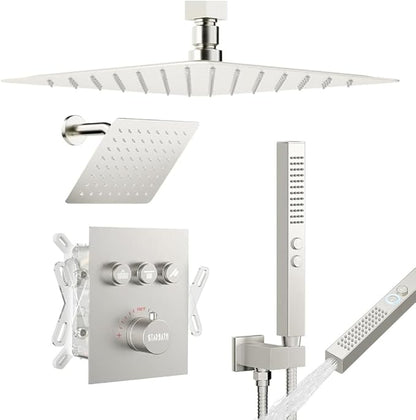 Shower Faucets Sets Brushed Nickel Shower System,12" Ceiling Rainfall Shower and 6" Wall Mount with 2 in 1 Handhled, Can Use All at Once, Thermostatic Shower Set with Valve and Trim Kit