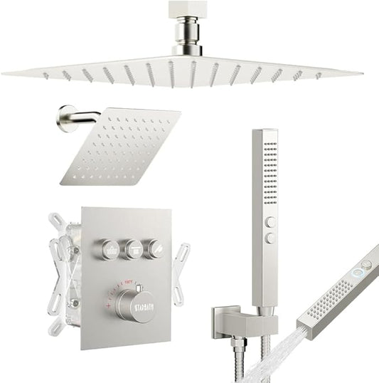 Shower Faucets Sets Brushed Nickel Shower System,12" Ceiling Rainfall Shower and 6" Wall Mount with 2 in 1 Handhled, Can Use All at Once, Thermostatic Shower Set with Valve and Trim Kit