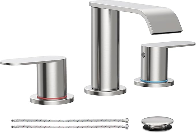 Homevacious Brushed Nickel Waterfall Bathroom Faucet for Sink 3 Hole Widespread Bathroom Sink Faucets with Pop-up Drain and Supply Lines Stainless Steel 2-Handle Bathroom Sink Faucet for Bath Vanity