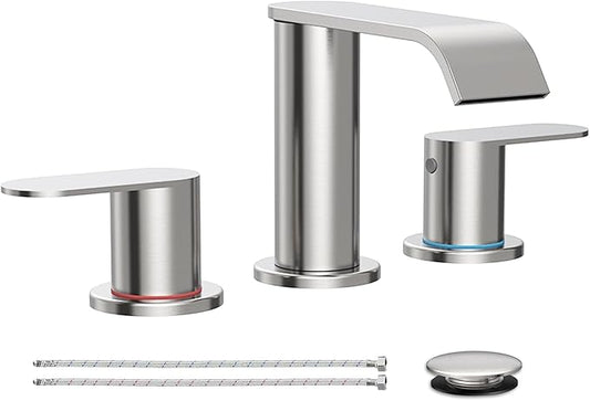 Homevacious Brushed Nickel Waterfall Bathroom Faucet for Sink 3 Hole Widespread Bathroom Sink Faucets with Pop-up Drain and Supply Lines Stainless Steel 2-Handle Bathroom Sink Faucet for Bath Vanity