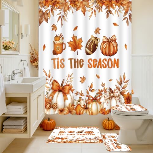 MEHOFOND Fall Shower Curtain Set 4-Piece Thanksgiving Decor Bathroom Set