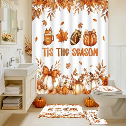 MEHOFOND Fall Shower Curtain Set 4-Piece Thanksgiving Decor Bathroom Set