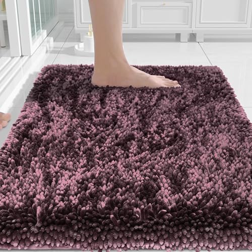 Yimobra Chenille Bathroom Rugs Non Slip, Extra Thick Soft Absorbent Bath Rug, Machine Washable Quick Dry Bath Mat for Bathroom Floor, Tub and Shower, Home Decor Accessories, 24x17, Purple Grey