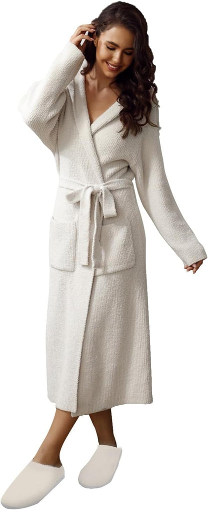 MH MYLUNE HOME Ultra Soft Robes for Women with Pockets, Womens Robe Plush | Hooded House Robes for Women Calf-Length, Spa Bath Robe, Cozy Comfy Fluffy Fuzzy Robe for Women, Womens Bathrobe