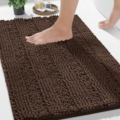 Yimobra Bathroom Rug Mat 32 x 20, Non Slip and Super Absorbent Bath Mat,Machine Washable Quick Dry,Ultra Plush Chenille Shower Rugs for Bathroom Floor Sink Tub and Shower Outside,Brown