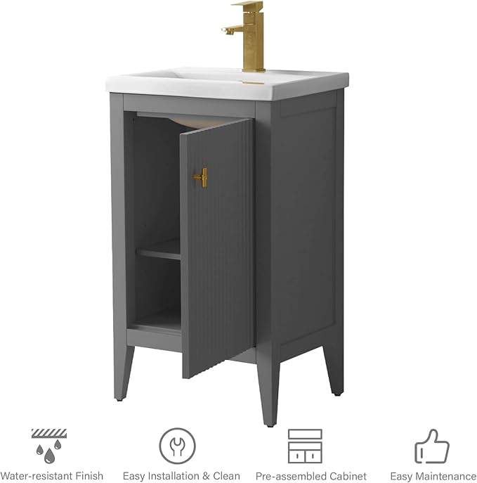 HOMEBEYOND 20" Bathroom Vanity with Ceramic Sink, Solid Wood Free-Standing Vanities Cabinet, Ceramic Top, Golden Brushed Handware & Soft Closing Door, Cashmere Gray