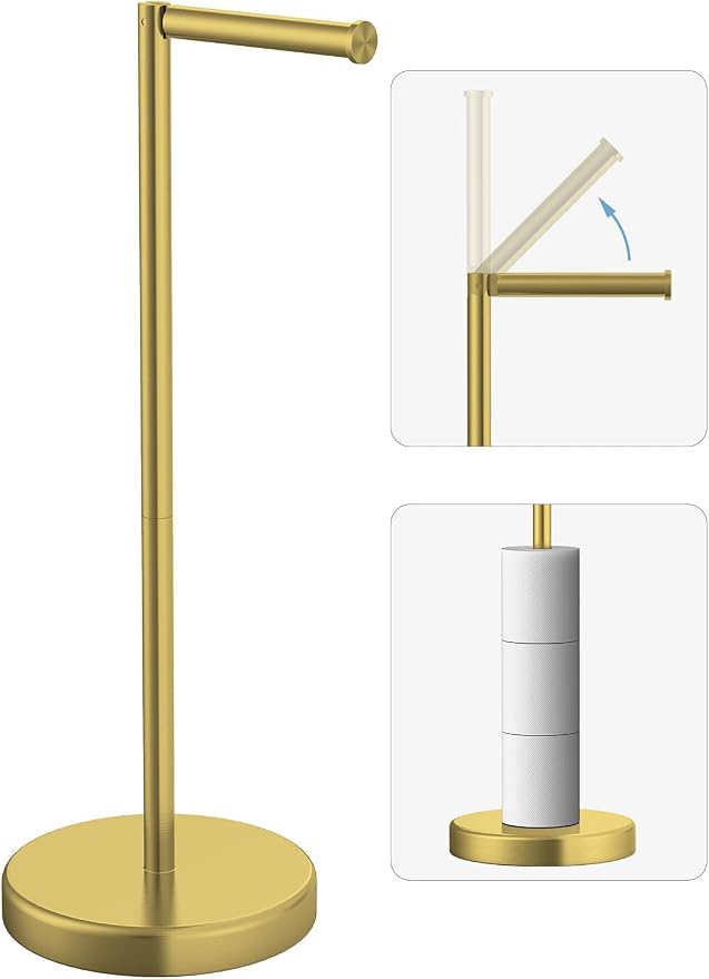 Brushed Gold Toilet Paper Holder Stand Free Standing Tissue Roll Holder | Freestanding Toilet Paper Stand Storage for Bathroom 304 Stainless Steel Rustproof for 4 Rolls(Fits All Rolls) by Evolvegoods