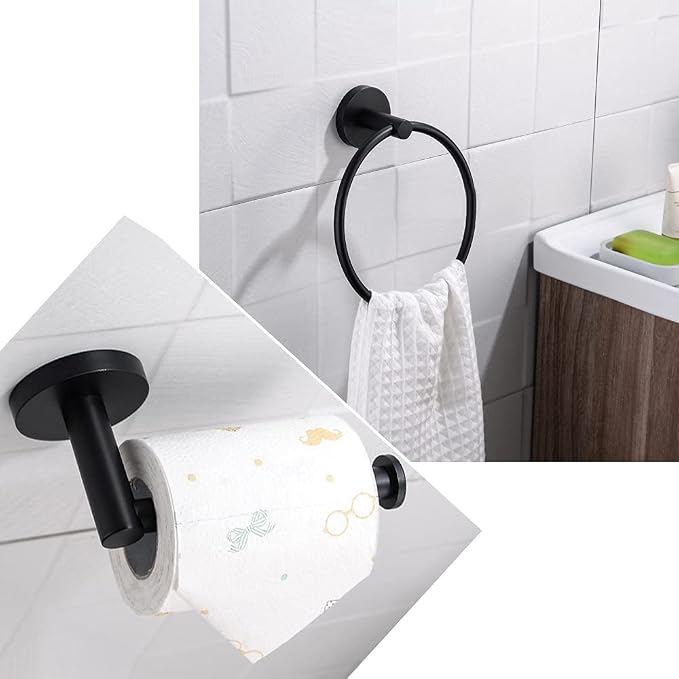 4pcs Matte Black Toilet Paper Holder and Towel Ring Set, Stainless Steel