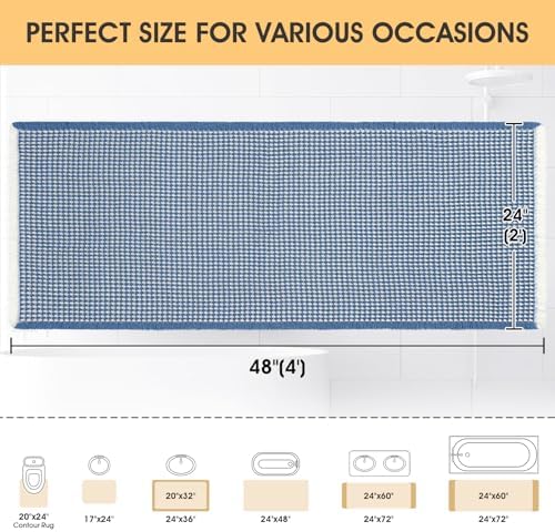IM HOME Waffle Bath Mat Blue & Cream 4'x2', Boho Woven Modern Bath Mat Rugs, Absorbent Non Slip Bathroom Rugs, Soft Washable Bath Rugs with Tassels for Bathroom, Bedroom, Kitchen, Shower, Tub