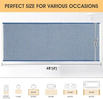 IM HOME Waffle Bath Mat Blue & Cream 4'x2', Boho Woven Modern Bath Mat Rugs, Absorbent Non Slip Bathroom Rugs, Soft Washable Bath Rugs with Tassels for Bathroom, Bedroom, Kitchen, Shower, Tub