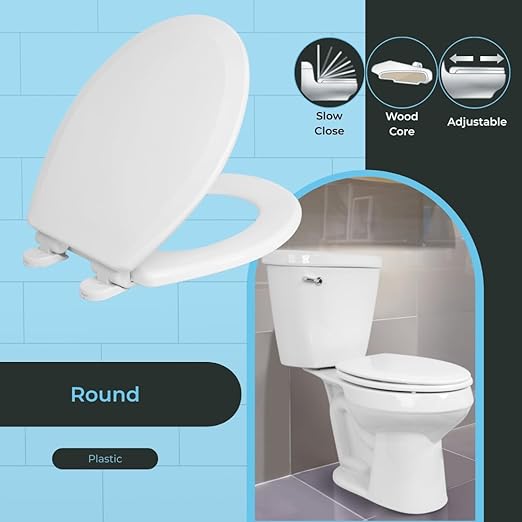 Centoco Round Toilet Seat, Heavy-Duty Wood Core with Plastic Scratch-Resistant Finish, Soft Close, Made in the USA, DSAMAZ7SC-301, Crane White (Cotton/Bright)