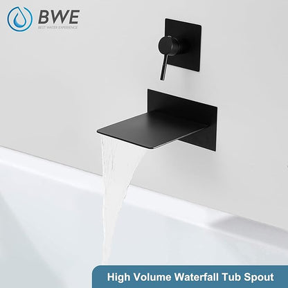 BWE Waterfall Tub Faucet Wall Mount Tub Filler Matte Black High Flow Brass Bathroom Bathtub Faucets with Single Handle