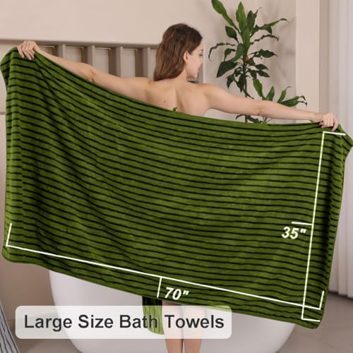 4 Piece Dark Green Cabana Stripe Large Bath Towels Oversized Bath Sheet Super Soft Breathable Jumbo Bathroom Towels Highly Absorbent Shower Towel Quick Dry Beach Chair Towel Spa Gym Hotel Towel Set