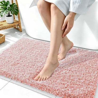 OLANLY Microfiber Bathroom Rugs 36x24, Quick Dry Bath Mat, Coral and White
