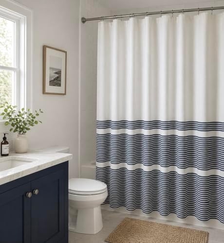 Serafina Home Nautical Striped Navy Denim Blue & White Shower Curtain