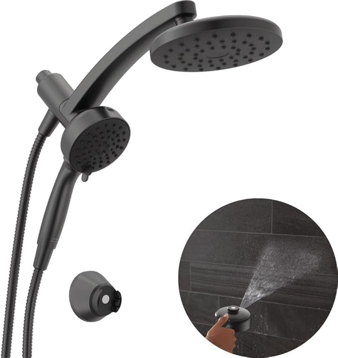 Delta 6-Setting PivotPro 3-in-1 Combination Shower Head with ProClean Spray, Matte Black Round Shower Head Rainfall with Handheld Spray, 1.75 GPM, Matte Black 75648BL