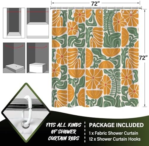Mid Century Matisse Orange Green Floral Shower Curtain 72x72 Inches