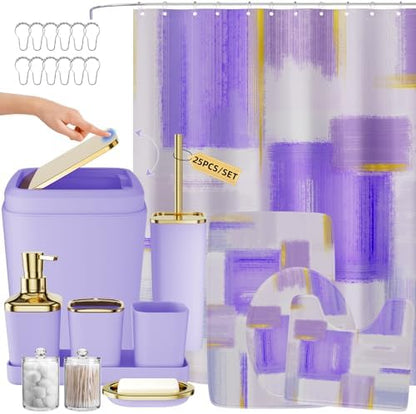 XLHOMO Bathroom Accessories Set - 25PC Bathroom Set with Shower Curtain and Rugs, Purple Bathroom Set, Bathroom Accessory Set with Press-on Lid Trash Can, Soap Dispenser and Qtip Holders for Home