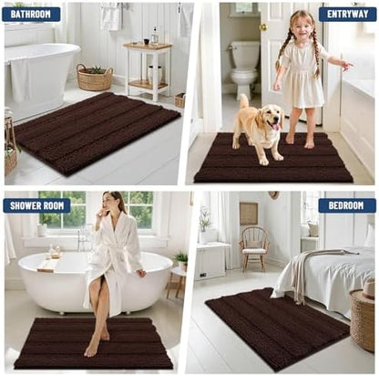Grandaily Chenille Striped Bathroom Rugs 47x24, Extra Thick and Soft Absorbent Bath Mats, Rubber Backing, Plush Shaggy Shower Carpet, Machine Wash Dry, Bath Rug for Bathroom, Dark Brown