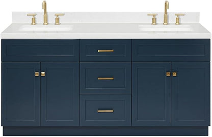 ARIEL Hamlet 72-inch Bathroom Vanity with Sink,Solid Wood, 1.5-inch Carrara White Quartz Countertop, Double Rectangular Porcelain Sink, 4 Soft Closing Doors, 3 Dovetail Drawers, Midnight Blue