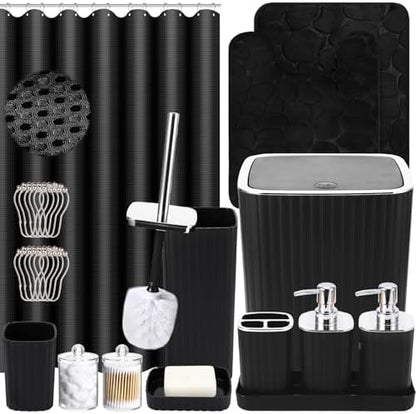 XLHOMO Bathroom Set with Shower Curtain and Rugs- 25PC Bathroom Accessory Set, Black Bathroom Set, Toilet Brush, Trash Can, Qtip Holder & Soap Dispenser