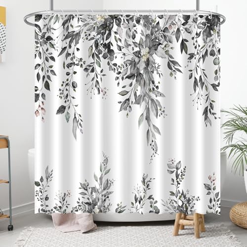 Eucalyptus Shower Curtain, Abstract Aesthetic Art Watercolor Plant Leaves with Floral Bathroom Decor, Waterproof Fabric Cloth Bath Curtain Set with Hooks (Dark Gray, 72x72 Inches)