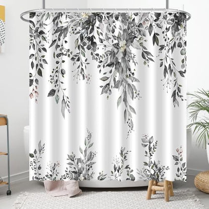 Eucalyptus Shower Curtain, Abstract Aesthetic Art Watercolor Plant Leaves with Floral Bathroom Decor, Waterproof Fabric Cloth Bath Curtain Set with Hooks (Dark Gray, 72x72 Inches)